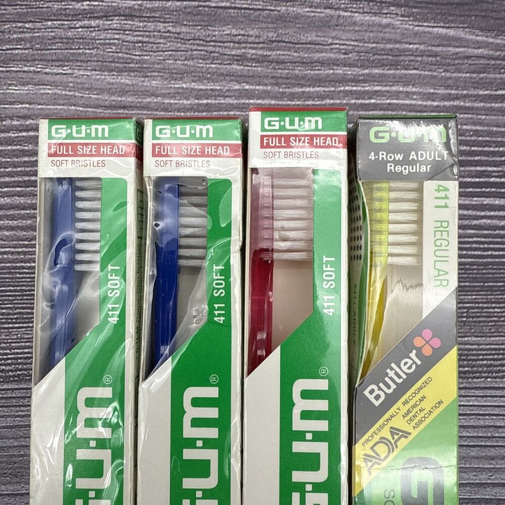Lot 4 VTG Gum Butler 4-Row ADULT Full Size Head Toothbrush 411 Blue Yellow Red
